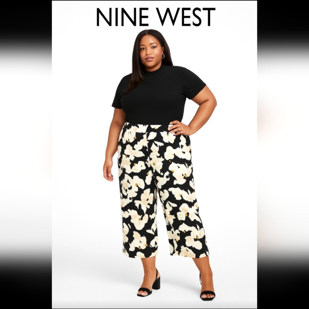 NINE WEST Women's Crop Wide Leg Pants Abstract Floral Print Fall